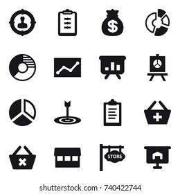 16 vector icon set : target audience, clipboard, money bag, circle diagram, statistic, presentation, diagram, target, add to basket, delete cart, market, store signboard