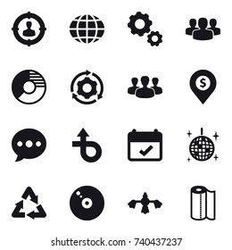 16 vector icon set : target audience, globe, gear, group, circle diagram, around gear, dollar pin, ballon, disco ball, hard reach place cleaning, paper towel