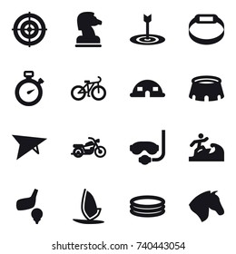 16 vector icon set : target, chess horse, smart bracelet, stopwatch, bike, dome house, stadium, deltaplane, motorcycle, diving mask, surfer, golf, windsurfing, inflatable pool, horse