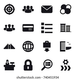 16 vector icon set : target, group, mail, atom core, credit card, list, district, pyramid, baggage get, hotel, reception, locked