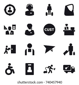 16 vector icon set : target audience, call center, hoverboard, architector, deltaplane, passenger, invalid, identity card, vacuum cleaner, home call cleaning