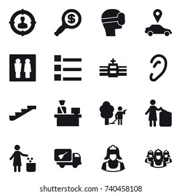 16 vector icon set : target audience, dollar magnifier, virtual mask, car pointer, wc, list, stairs, garden cleaning, garbage bin, home call cleaning, cleaner, outsource
