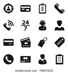 16 vector icon set : target audience, card, clipboard, phone, call, 24/7, call center, woman, credit card, label, sale label