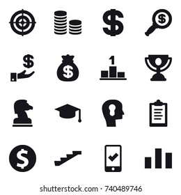 16 vector icon set : target, coin stack, dollar, dollar magnifier, investment, money bag, pedestal, trophy, chess horse, graduate hat, bulb head, clipboard, dollar coin, stairs, mobile checking