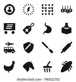 16 vector icon set : target audience, lightning, chip, sale, delivery, transfer, spatula, rolling pin, chicken, horse, vacuum cleaner, bug