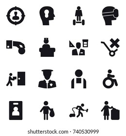 16 vector icon set : target audience, bulb head, hoverboard, virtual mask, hand coin, architector, invalid, identity card, trash, vacuum cleaner, garbage bin