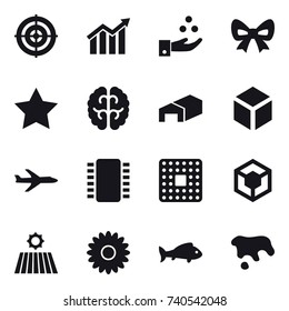 16 vector icon set : target, diagram, chamical industry, bow, star, warehouse, 3d, plane, field, flower, fish, spot