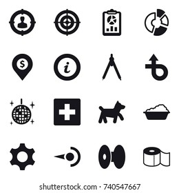 16 vector icon set : target audience, target, report, circle diagram, dollar pin, info, drawing compass, disco ball, first aid, dog, washing, toilet paper