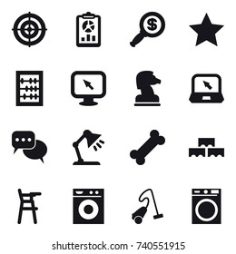 16 vector icon set : target, report, dollar magnifier, star, abacus, monitor arrow, chess horse, notebook, discussion, table lamp, block wall, Chair for babies, washing machine, vacuum cleaner