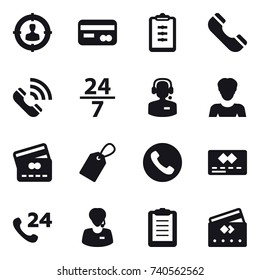 16 vector icon set : target audience, card, clipboard, phone, call, 24/7, call center, woman, credit card, label