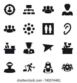 16 vector icon set : target audience, hierarchy, group, woman, round around, wc, deltaplane, inspector, vacuum cleaner, cleaner, outsource