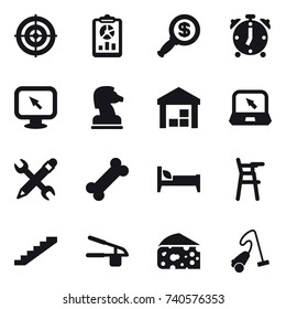 16 vector icon set : target, report, dollar magnifier, alarm clock, monitor arrow, chess horse, warehouse, notebook, pencil wrench, bed, Chair for babies, stairs, garlic clasp, cheese