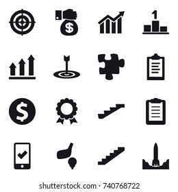 16 vector icon set : target, money gift, diagram, pedestal, graph up, puzzle, clipboard, dollar coin, medal, stairs, mobile checking, golf