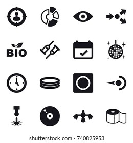 16 vector icon set : target audience, circle diagram, eye, core splitting, bio, disco ball, watch, inflatable pool, ring button, hard reach place cleaning, toilet paper
