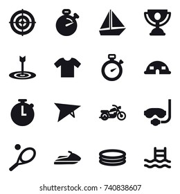 16 vector icon set : target, stopwatch, boat, trophy, t-shirt, dome house, deltaplane, motorcycle, diving mask, tennis, jet ski, inflatable pool, pool