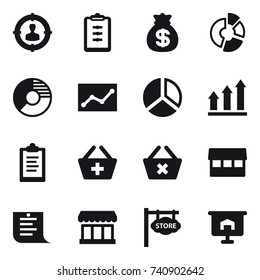 16 vector icon set : target audience, clipboard, money bag, circle diagram, statistic, diagram, graph up, add to basket, delete cart, market, shopping list, store signboard, presentation