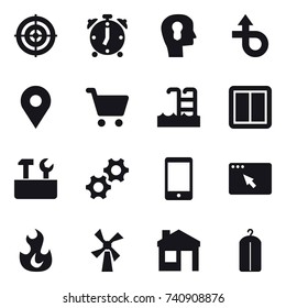 16 vector icon set : target, alarm clock, bulb head, pool, power switch, repair tools, windmill, house, dry wash