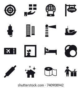 16 vector icon set : target, gift, notebook globe, store signboard, spark plug, skyscrapers, lighthouse, ticket, flower in window, bed, rolling pin, house cleaning, toilet paper, kitchen cleaning