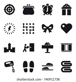 16 vector icon set : target, purse, alarm clock, gift, lightning, chip, bow, heart, castle, restaurant, wardrobe, mixer, slippers, stack of towels