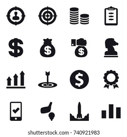 16 vector icon set : target audience, target, coin stack, clipboard, dollar, money bag, money gift, chess horse, graph up, dollar coin, medal, mobile checking, golf
