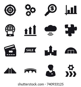 16 vector icon set : target, gear, dollar magnifier, graph, notebook globe, graph up, cloud wireless, puzzle, credit card, sale, castle, hangare, pyramid, bridge
