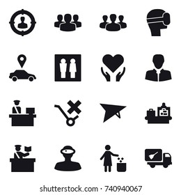 16 vector icon set : target audience, group, virtual mask, car pointer, wc, deltaplane, baggage checking, inspector, garbage bin, home call cleaning