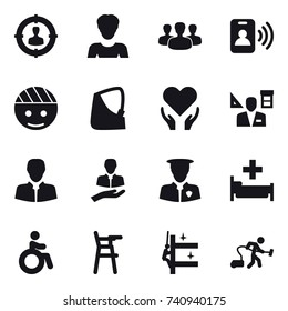 16 vector icon set : target audience, woman, group, pass card, architector, hospital, invalid, Chair for babies, skyscrapers cleaning, vacuum cleaner