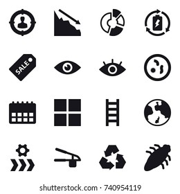 16 vector icon set : target audience, crisis, circle diagram, battery charge, sale label, window, stairs, earth, garlic clasp, recycling, bug