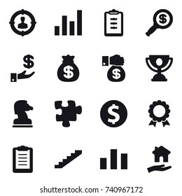 16 vector icon set : target audience, graph, clipboard, dollar magnifier, investment, money bag, money gift, trophy, chess horse, puzzle, dollar coin, medal, stairs, housing