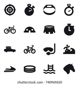 16 vector icon set : target, stopwatch, smart bracelet, bike, dome house, stadium, car baggage, diving mask, surfer, jet ski, inflatable pool, pool, horse