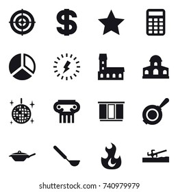 16 vector icon set : target, dollar, star, calculator, diagram, lightning, mansion, disco ball, antique column, wardrobe, pan, ladle, soil cutter