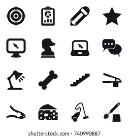 16 vector icon set : target, report, pencil, star, monitor arrow, chess horse, notebook, discussion, table lamp, stairs, garlic clasp, walnut crack, cheese, vacuum cleaner, toilet brush