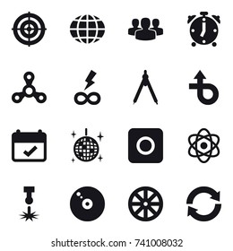 16 vector icon set : target, globe, group, alarm clock, spinner, infinity power, drawing compass, disco ball, ring button, wheel, reload