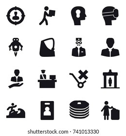 16 vector icon set : target audience, courier, bulb head, virtual mask, jet robot, detector, surfer, identity card, garbage bin