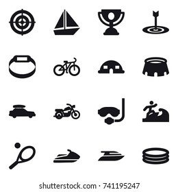 16 vector icon set : target, boat, trophy, smart bracelet, bike, dome house, stadium, car baggage, motorcycle, diving mask, surfer, tennis, jet ski, yacht, inflatable pool