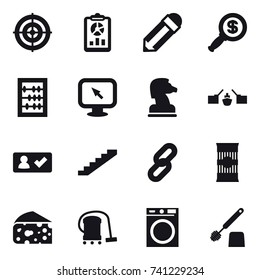 16 vector icon set : target, report, pencil, dollar magnifier, abacus, monitor arrow, chess horse, drawbridge, check in, stairs, cheese, vacuum cleaner, washing machine, toilet brush