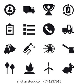 16 vector icon set : target audience, truck, trophy, battery charge, clipboard, list, phone, flippers, turk, trees, sprouting, windmill, rabbit
