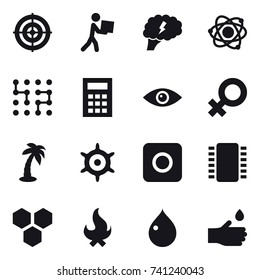 16 vector icon set : target, courier, brain, atom, chip, calculator, palm, handwheel, ring button, honeycombs, fire, drop, hand drop