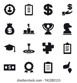 16 vector icon set : target audience, clipboard, dollar, investment, money bag, pedestal, trophy, chess horse, graduate hat, target, puzzle, money, medal, golf