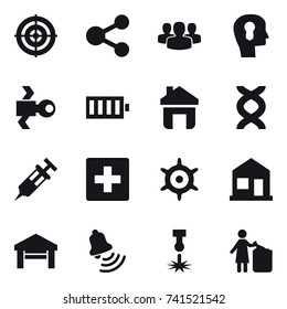 16 vector icon set : target, share, group, bulb head, satellite, battery, home, first aid, handwheel, garage, bell, garbage bin