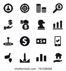 16 vector icon set : target audience, target, coin stack, dollar magnifier, investment, money gift, chess horse, graph up, dollar coin, money, mobile checking, golf, housing