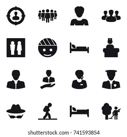 16 vector icon set : target audience, team, woman, group, wc, tourist, bed, garden cleaning