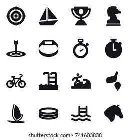 16 vector icon set : target, boat, trophy, chess horse, smart bracelet, stopwatch, bike, pool, surfer, golf, windsurfing, inflatable pool, horse