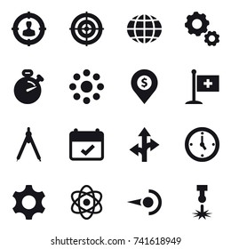 16 vector icon set : target audience, target, globe, gear, stopwatch, round around, dollar pin, drawing compass, watch 16 vector icon set : target audience, target, globe, gear, stopwatch, round around, dollar pin, drawing compass, watch