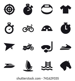16 vector icon set : target, stopwatch, smart bracelet, t-shirt, bike, dome house, deltaplane, motorcycle, diving mask, jet ski, yacht, windsurfing, pool, horse