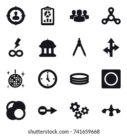 16 vector icon set : target audience, report, group, spinner, infinity power, goverment house, drawing compass, disco ball, watch, inflatable pool, ring button, gears, hard reach place cleaning