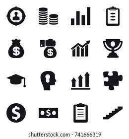 16 vector icon set : target audience, coin stack, graph, clipboard, money bag, money gift, diagram, trophy, graduate hat, bulb head, graph up, puzzle, dollar coin, money, stairs
