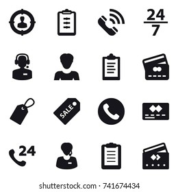 16 vector icon set : target audience, clipboard, call, 24/7, call center, woman, credit card, label, sale label, phone
