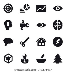 16 vector icon set : target, diagram, statistic, eye, bulb head, satellite, house, electricity, mortar, spruce