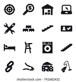 16 vector icon set : target, dollar magnifier, warehouse, notebook, pencil wrench, block wall, stairs, check in, bed, Chair for babies, washing machine, walnut crack, cheese, vacuum cleaner
